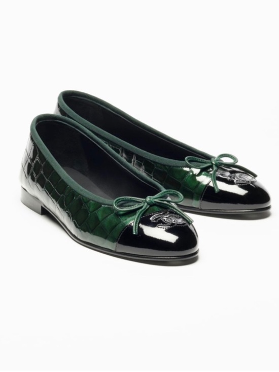 CHANEL Shoes - Women's Green and Black Patent Leather Ballet Flats